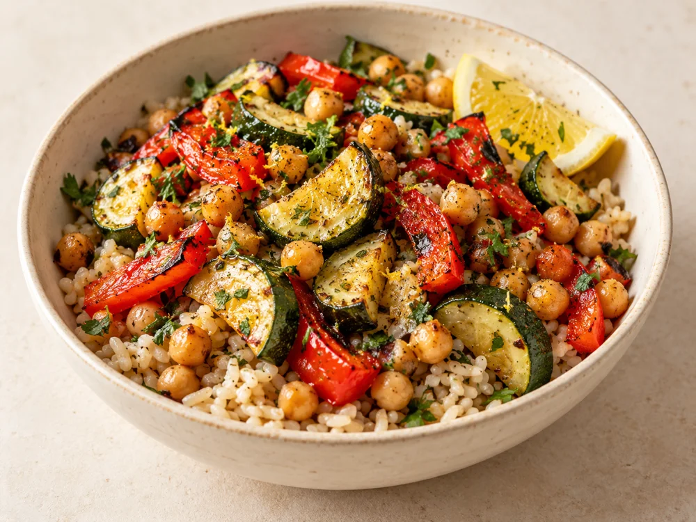 Illustrative roasted vegetable bowl with chickpeas, rice and lemon dressing